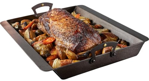 Iron Roasting Pan - Pre-Seasoned Roaster Pan with Brass Riveted Handles, Flanged Edges, and Tapered Walls - Iron Cookware for Oven, Stovetop, Grill, or Serving by Classic Cuisine