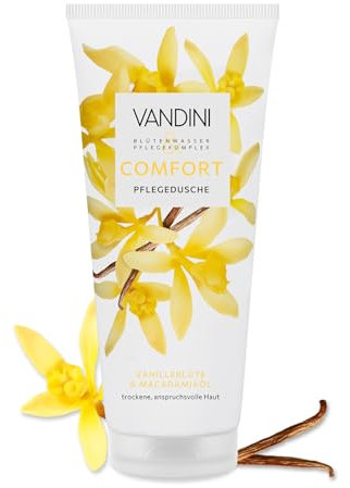 VANDINI Comfort - Gel de ducha para mujer, 200 ml, con flor de vainilla y aceite de macadamia, gel de ducha para pieles secas y exigentes, vegano, sin parabenos ni siliconas, dermatológicamente