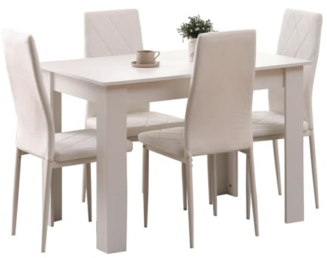 Homullel 5 Piece Dining Room Table and Chairs Set for Dining Room Kitchen, Modern Wooden Dining Table with Chairs for Family Dinner Set (With 4Pcs White Argyle Velvet Chairs, 110cm White Table)