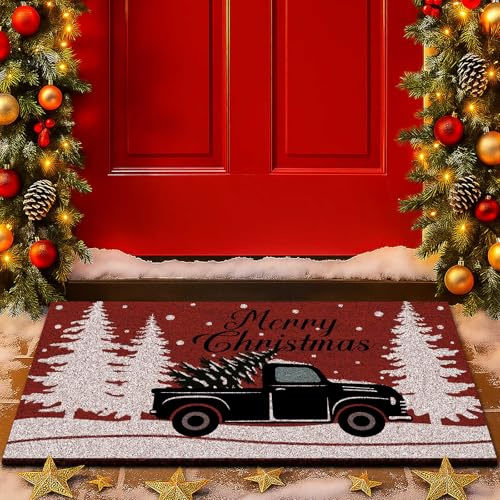 Lanpn Christmas Welcome Natural Coir Door Mat, Truck Lorry Coco Front Door Outdoor Doormat Outside Entrance Porch Non Slip Rubber Rug Winter Xmas Farmhouse Decor (Red, 42x75cm)