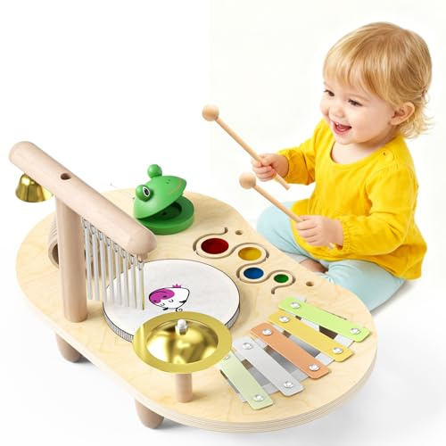 9 In 1 Schlagzeug Kinder ab 3 Jahr, mit Xylophon & Windspiel & Hängeglocken & Becken & Trommel & Panflöten & Klappern, Montessori Spielzeug ab 1 Jahr, Kinderschlagzeug für Musikalische Erleuchtung