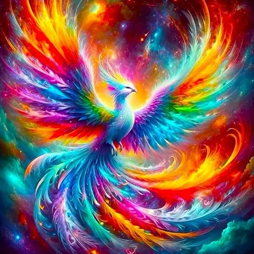 Picmondoo Diamond Painting - 50x50cm - Phönix der bunten Farben | quadratische Harzsteine, AB-Steine, Strass- & Metallicfarben, klares Raster, Stift, Wachs & Schale für entspanntes DIY