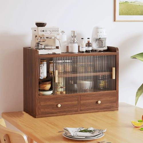 LIUWOPA Vitrine aus Holz mit 2 Schubladen, Doppelschiebetür, Kaffeetassenhalter für Küchenarbeitsplatte (Holz, 80 cm)