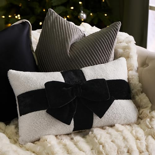 OHS Bow Wrapped Scatter Cushion, Soft Boucle Novelty Throw Pillow Christmas Decorative Plush Pillow Cute Room Decor Seat Cushion for Sofa Living Room Bedroom, Black/Cream - 30 x 50cm