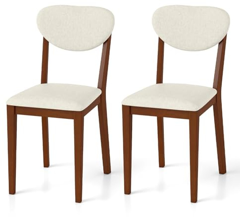 TANGZON Dining Chairs Set of 2, Upholstered Kitchen Chairs with Rubber Wood Legs, Accent Leisure Side Seat for Home Dining Living Room Lounge (Linen Fabric, Fan-shaped Back, White+Walnut)
