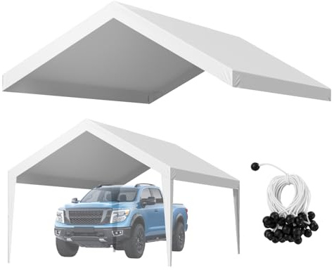 VEVOR Carport Replacement Canopy, 12 x 20 ft Potable Garage Tent Top Tarp, UV-Resistant & Waterproof Car Shelter Tarp, Heavy Duty Car Port Cover with Ball Buggees, White, Frame Not Included