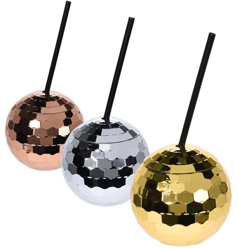 Spetebo Discokugel Trinkbecher mit mehrfach wiederverwendbarem Trinkhalm - 3er Set - Partybecher mit Mehrweg Strohhalm - Spiegelkugel Cocktailbecher Party Longdrink Getränke Becher Discoball Cup