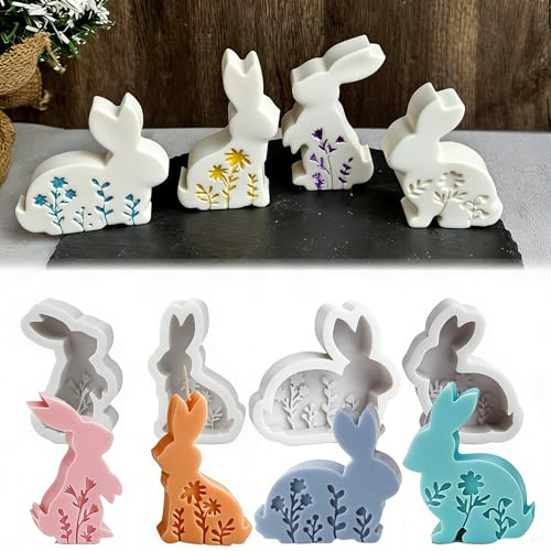 4 Stück Osterhase Silikonform, Gießformen Silikon Osterhase, DIY Kerzen und Harzdekorationen, Osterhase Beton zum Gießen, Silikon Gießform for Gips, Ostergeschenke