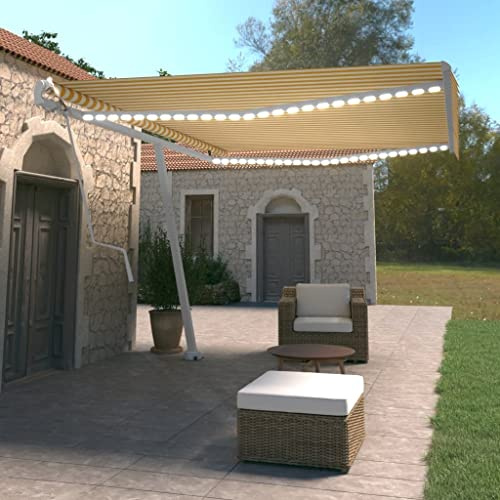 Tenda da sole automatica con illuminazione a LED, sensore di vento, 500 x 350 cm, giallo/bianco, telaio in alluminio, resistente ai raggi UV e all'acqua, per terrazza, giardino, esterno