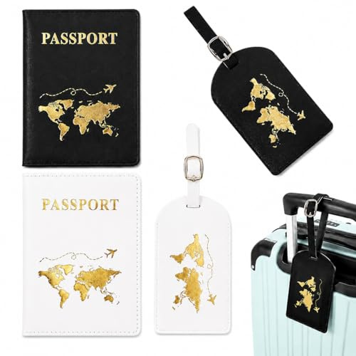DERJDISF Set 2 Pezzi Copertura Passaporto in PU con Protezione RFID - Elegante e Compatto, Include 2X Organizer per Passaporto e 2X Luggage Tag, Nero e Bianco