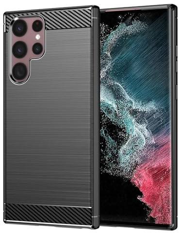 Techsuit für Samsung Galaxy S22 Ultra Hülle mit Soft Touch, Stoßfest, Kameraschutz, Erhöhte Kanten, Luftkissen Ecken, Anti Fingerabdruck, Flexibel, Carbon Silicone Series, Schwarz