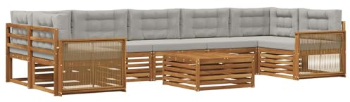 vidaXL Outdoor-Sofagarnitur mit Kissen 8 pcs Natürlich und Hellgrau, Moderner Garten-Sofa, L-förmige Möbel, Terrassen-Lounge, Sitzgruppe für draußen, bequem im Garten