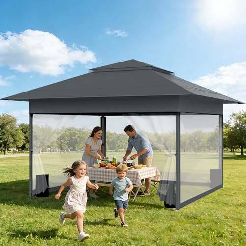 Tonnelle de Jardin Pop-up,Tonnelle Pliante 4x4m avec Moustiquaire,Sac de Roulant,4 Sacs de Sable,Tente Pliante de Exterieur Imperméable,Anti UV,Respirable,Tente de Camping,Barnum,Anthracite