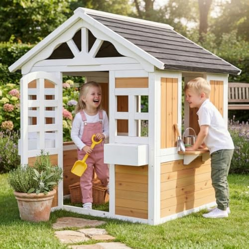 Massivholz Kinderspielhaus Outdoor 132cm Wetterfest mit Verkaufsfenster
