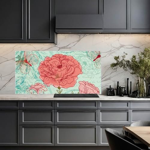 banjado® Küchenrückwand Glas als Spritzschutz Küche 110x55cm– Fliesenspiegel Motiv Eine Rose Ist Eine Rose – Nischenrückwand selbstklebend ohne Bohren Sicherheitsglas - magnetisch & beschreibbar