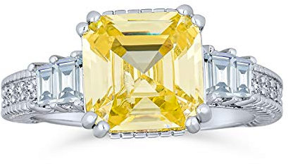 Eleganter Zeitloser Art Deco Stil 2CT Kanariengelb AAA CZ Quadrat Asscher Cut Verlobungsring Für Frauen Baguettes Side Stone Band .925 Sterlingsilber