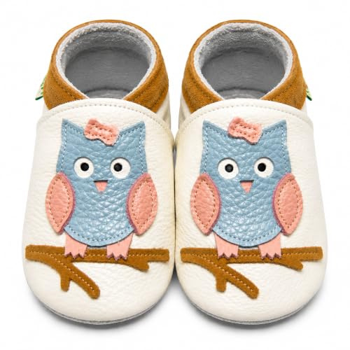 SAYOYO Weiche Leder Krabbelschuhe Baby Lauflernschuhe Jungen Rutschfeste Babyhausschuhe Mädchen Kleinkind Lederschuhe, 12-18 Monate, Weiß Eule