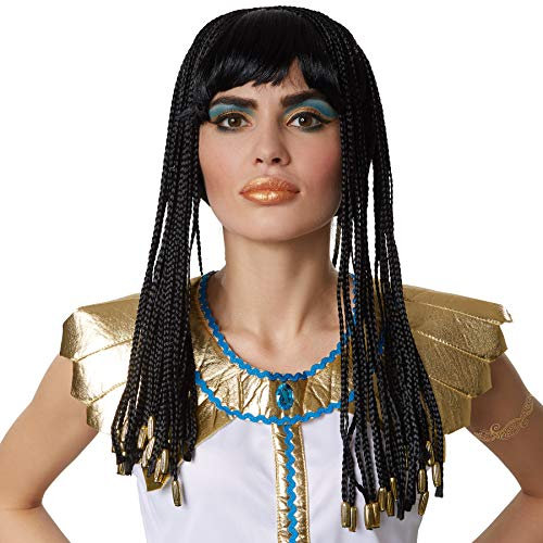 dressforfun Perücke mit geflochtenen Haarsträhnen | 50 cm lang | Kleopatra Ägypterin Hippie 70er Flowerpower Antike Fasching | schwarz