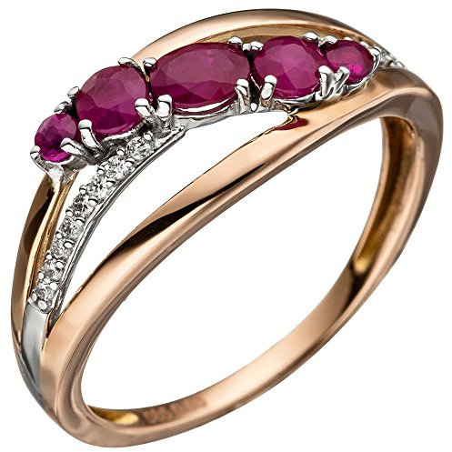 Schmuck Krone Ring Damenring mit Rubin rot & 16 Diamanten Brillanten 585 Gold Rotgold, Ringgröße:Innenumfang 50mm ~ Ø15.9mm