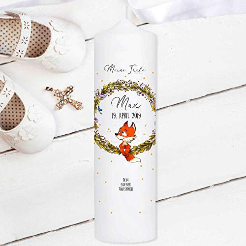 Wandtattoo Loft Taufkerze Blumenkranz mit Fuchs - Kerze zur Taufe, Geburt oder Kommunion – weiß 25 x 7 cm mit Name, Datum, ggf. Taufspruch / / Taufkerze 25 x 7 cm (mit eigenem Taufspruch)