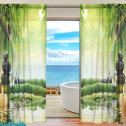 GIGIJY Rideaux de fenêtre en voile transparent avec motif floral japonais zen pour salon, chambre à coucher, cuisine, décoration de porte 140 x 213 cm 2 panneaux
