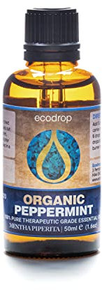 Huile de menthe poivrée, certifiée bio par COSMOS, huile essentielle 100% pure, de qualité thérapeutique pour l'aromathérapie, 50 ml, e-book gratuit offert par Ecodrop