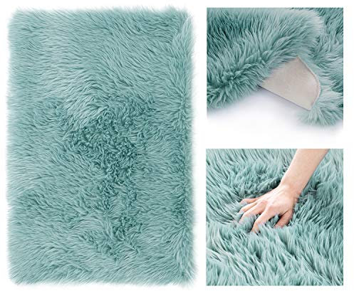 AmeliaHome Teppich Lammfell Kunstfell Hochflor Bettvorleger rechteckig Dokka Blau 75x120 cm