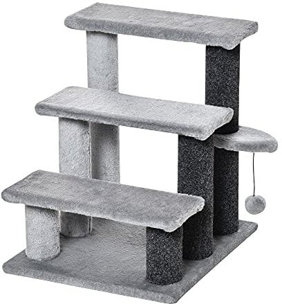 PawHut Katzentreppe 3-stufige Haustiertreppe mit Kratzsäulen Ball Hundetreppe Tiertreppe für Katzen bis 5 kg Plüsch Jute Grau 45 x 40 x 48 cm