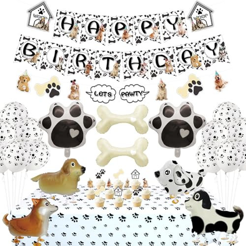 Party-Dekorationen mit Hundemotiv – Happy Birthday Hunde-Banner, Let's Pawty-Wimpelkette, Pfoten-Tischdecke, Kuchendekoration, 14 Pfoten- und Knochenballon-Set für Hundewelpen, Kindergeburtstag