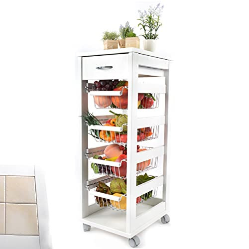 Kasalingo Carrello Porta Frutta e Verdura con cassetto portapane 29,5x37 h 83 in Legno, carrello da cucina con ripiano multiuso 100% Made in Italy. (Bianco)