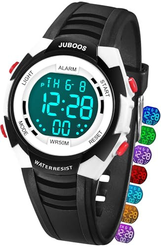 Juboos Kinder Digitaluhren,7 Farben LED-Licht Kinder Sport Armbanduhr Jungen Wasserdicht Kinderuhr mit Alarm Stoppuhr,Kinderuhren Outdoor Armbanduhr für Jungen Mädchen 5-18