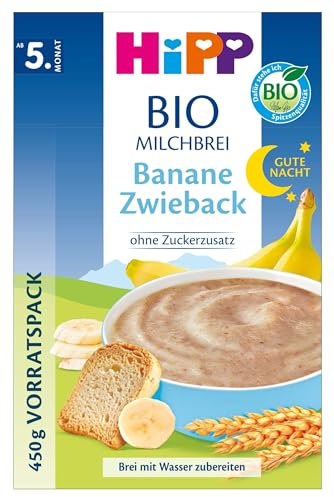 HiPP Bio-Milchbreie ohne Zuckerzusatz, Gute-Nacht-Brei Banane Zwieback, Vorratspackung (4x450g)