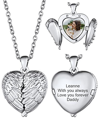 GoldChic Kupfer Medaillon Herz Flügel Anhänger zum Öffnen 21mm Breit Damen/Mädchen Personalisierte Foto Aufklappbar Anhänger Silberfarbe 45cm Lang für Damen,Mädchen,Frauen