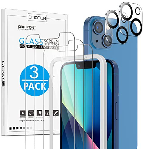 OMOTON 5 Stück Schutzglas kompatibel mit iPhone 13 mini, 3 Stück Displayschutzfolie Folie und 2 Stück Kamera Schutzfolie, Anti- Kratzer, 9H Härte Panzerfolie Mit Rahmen-Installationshilfe