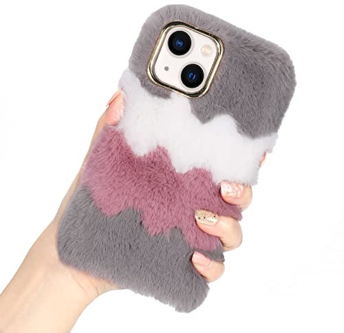 Wirvyuer Plüsch Hülle Kompatibel mit iPhone 13 Handyhülle Mädchen Flauschige Schutzhülle Süße Pelzige Handytasche Stoßfest Silikonhülle für iPhone 13 Grau