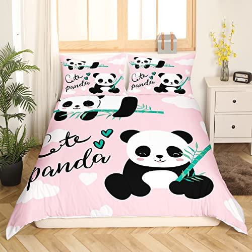 Panda Bettwäsche 155x220 cm Karikatur Panda Bambus motiv Bettwäsche Set Kinder Mädchen Jungen Niedliches Tier Thema Bettbezug Kawaii Tier Panda Bettwäsche Rosa, 1 Bettbezug mit 1 Kissenbezug 80x80cm