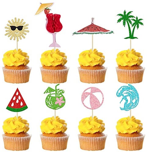 Gyufise 32Pcs Summer Beach Hawaii Cupcake Toppers Sun Umbrella Ball Diving Coconut Watermelon Water Gun Slippers Cupcake Picks Baby Shower Hawaii Pool Theme Birthday Party Cake Decorations
