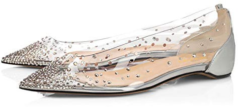 XYD Damen-Ballerinas mit Strasssteinen, Netznieten, versteckte Fersen, Slipper, spitze Zehen, Abendschuhe, elegante Schuhe, Silber / Transparent, 42 EU