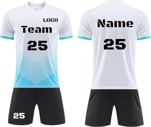 Fußballtrikot Kinder Benutzerdefiniert Trikot T-Shirt Shorts 2 Teiliges Set mit Namen Nummer Team und Logo fußball Geschenke für Jungs