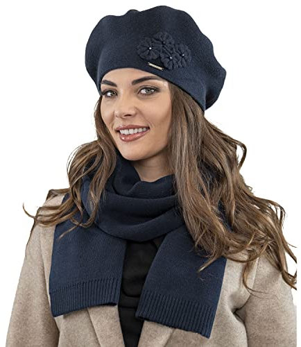 VIVISENCE Damen Baskenmütze Eleganter Wintermütze Und Schal Set Warm Kopfbedeckung Und Halsbedeckung An Winter Und Herbst Warm Dick, Winterset Für Frauen, Hergestellt In EU, Dunkelblau