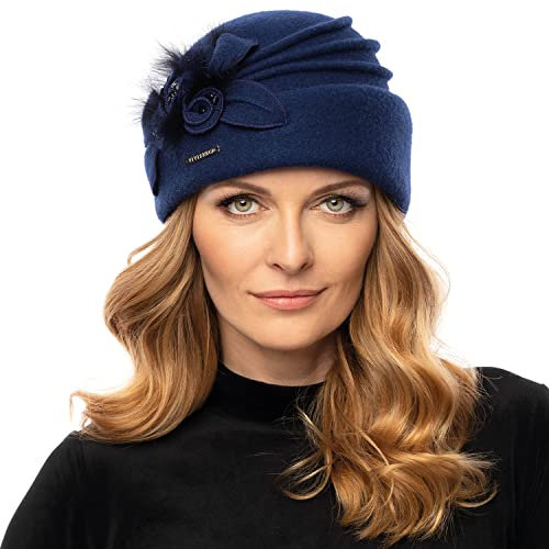 VIVISENCE Damen Winter Toque Aus Wolle Handgefertigte Herbst Warme Mütze Mit Blumenapplikation Für Frauen Perlen Perfekter Passform Ideal Für Kalte Wintertage Modell 7058, Dunkelblau,Einheitsgröße