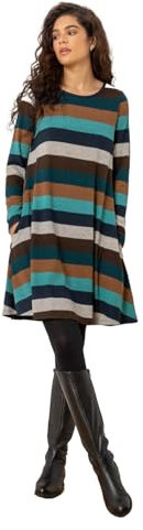 Roman Originals Tunic Dress with Pockets for Women UK Ladies Swing Fit & Flare Skater Slouch Stretchy Casual Smart Winter Jersey Pull On Work Office 3/4 Long Sleeves - Teal & Brown - Size 16