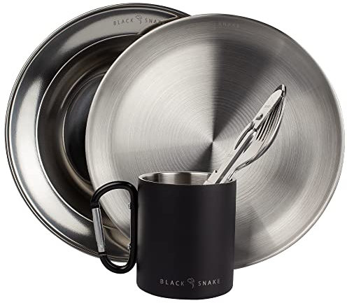 Black Snake® flacher und tiefer Camping Picknick Teller mit Besteck plus Karabiner Haken Tasse aus Edelstahl - 1 Person - Set