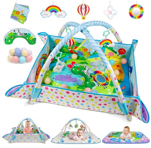 Dr.Rapeti Spieldecke mit Spielbogen, Spieldecke, Spieldecke mit Bällebad, Krabbeldecke mit Spielbogen, Padded Mat for Newborns, Mit abnehmbarem Spiegel, Stoffbuch, Spielzeug und Ball