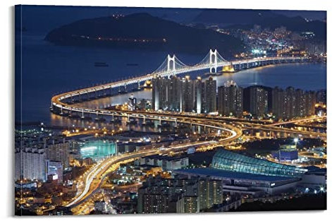 ZENGYL City Poster Brücke Busan Südkorea Poster Dekorative Malerei Leinwand Wandposter und Kunstbild Druck Moderne Familie Schlafzimmer Dekor Poster 60 x 90 cm