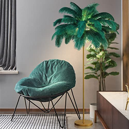 Floor lamps for living room feather floor lamp/ 3 Color Temperatures Golden Lamp Body Standing lamp with Foot Switch with LED G4*6 Bulb/50 feather for Bedroom/Kid’s Room/Sofa Corne Decor (green)