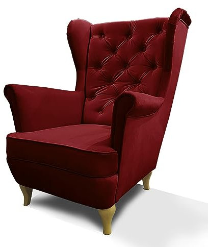 Mars Meble Ohrensessel aus Velours, Sessel mit Holzbeine, Wohnzimmersessel mit Wellenfedern, Elegant und Bequem (Stoff: Kronos 02 - kastanienrot)