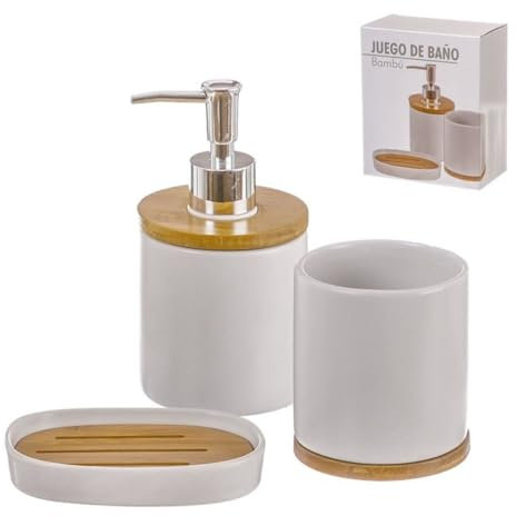 Juego De Accesorios de Baño Cerámica Bambú, Set de 3 Piezas para el Cuarto de baño, Dispensador de jabón, Vaso para Cepillos y Bandeja jabón