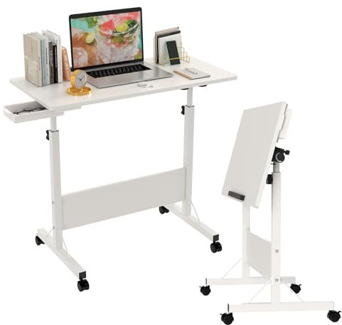 Lvhcmfohm Table de lit Pliante avec Roulette Réglable en Hauteur, Bureau pour Ordinateur Portable, Bureau Debout, Table d'ordinateur Mobile (80x40cm, Blanc)