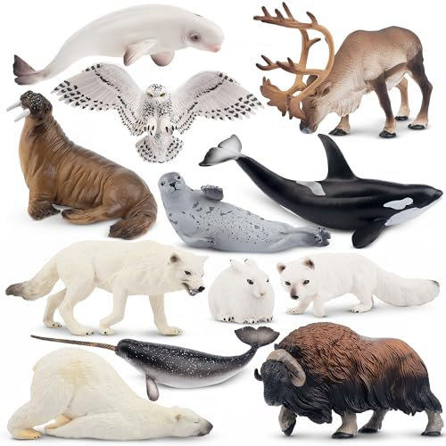 TOYMANY 12 Stück Realistische Arktische Tiere-Figuren, Polar Spielfiguren Set, Polar Spielzeug Winter Figuren Tierfigur, enthält Eisbär, Karibu, Kuchen Dekoration, Weihnachts Geburtstags Geschenk